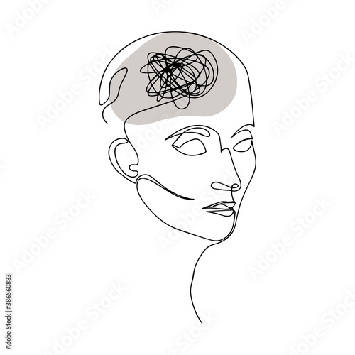 Line Drawing of Human Head With Confused Thoughts In His Brain. Vector Illustration For Therapist And Psychologist