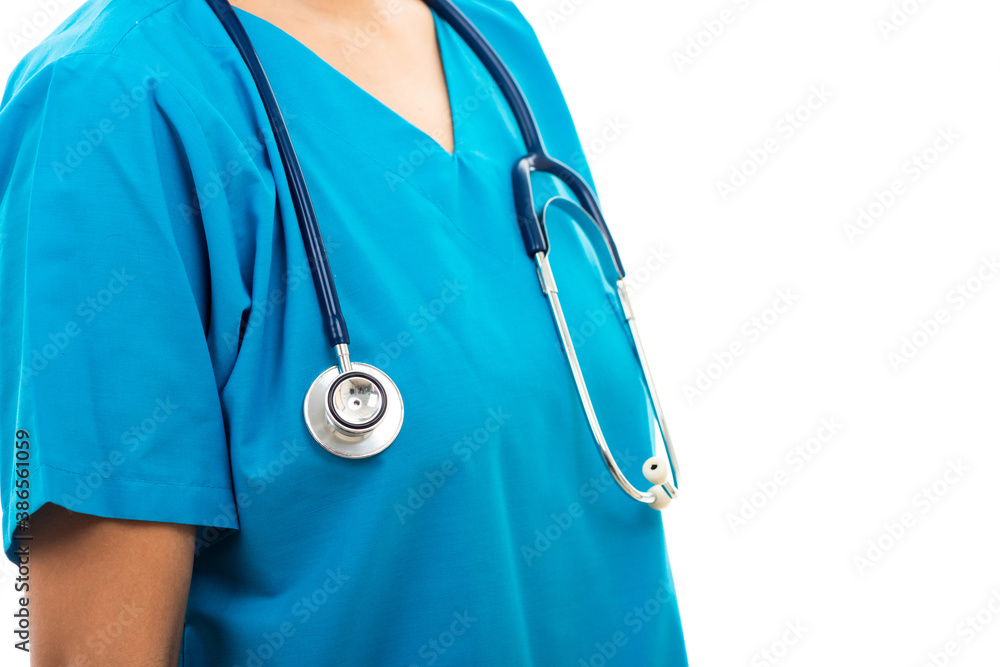 A confident female nurse standing with stethoscope, woman doctor in blue uniform, studio shot isolated on over white background, medical health concept A confident female nurse standing with stethoscope, woman doctor in blue uniform, studio shot isolated on over white background, medical health concept