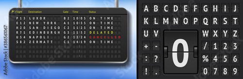 Vector airport departure board with font. Realistic flip airline board template. Black 3d airport timetable with arrivals. Analog scoreboard alphabet on dark background. Destination airline board
