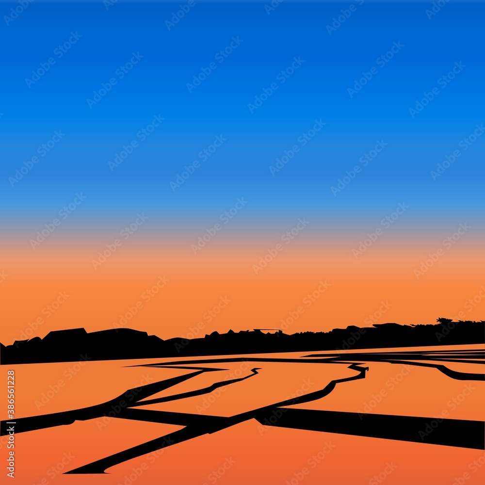 Illistration vector graphic of sunset in the rice fields