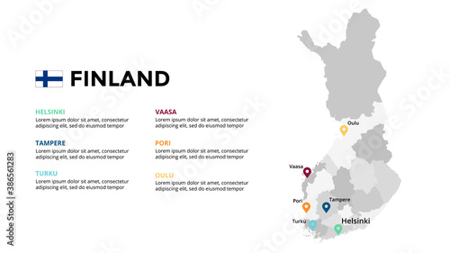 Finland vector map infographic template. Slide presentation. Global business marketing concept. Color Europe country. World transportation geography data. 