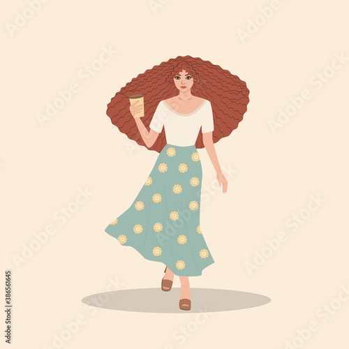 Cute girl with long curly hair and a Cup of coffee in her hand. Flat vector illustration.