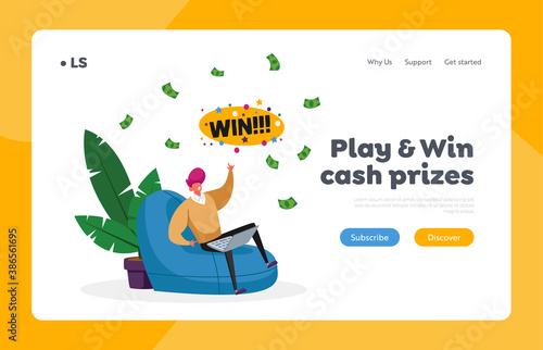 Man Win Money in Internet Landing Page Template. Happy Male Character Sitting with Laptop in Armchair Celebrate Win