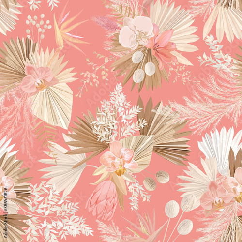 Seamless tropic floral pattern, pastel dry palm leaves, boho tropical flower, orchid, protea