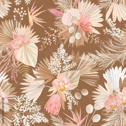 Seamless watercolor tropic floral pattern, pastel dry palm leaves, boho tropical flower, orchid, protea