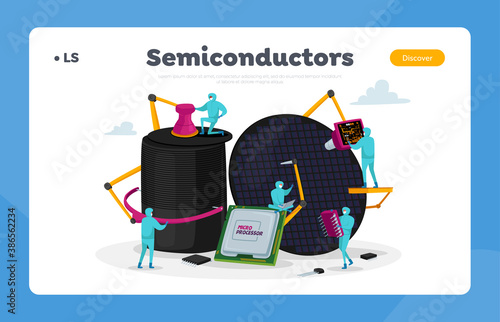 Semiconductor Manufacturing Process Landing Page Template. Facility Team of Scientist Characters Set up Micro Processor