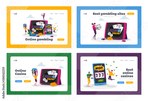 Gamble Player Addiction Landing Page Template Set. Characters Playing Gambling Games in Online Casino Win Money Prize