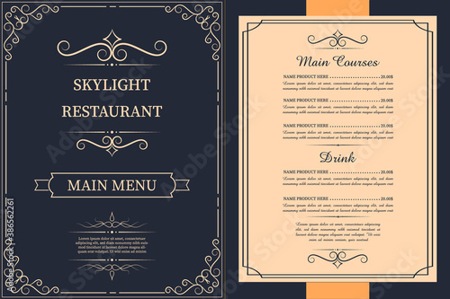 Restaurant menu design. Vector brochure template for cafe, coffee house, restaurant, bar. Food and drinks logotype symbol design. Vintage background