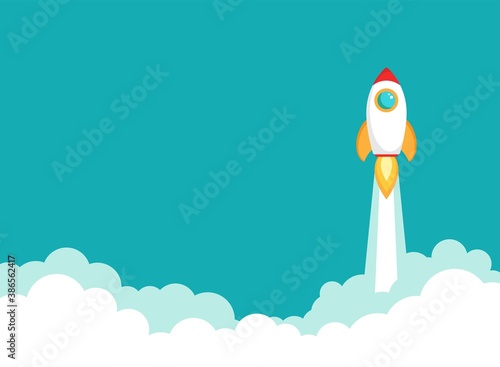 Rocket ship with space, sky clouds and stars on blue background.