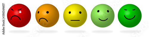 3D  Color Faces Feedback/Mood. Set of five faces scale - sad  neutral smile - isolated vector illustration. 3d design of faces with shadow.  Rank or level of satisfaction rating. EPS10.