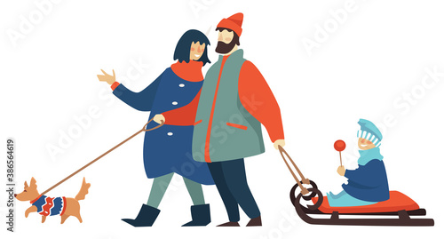 Mother and father with pet and kid on sled