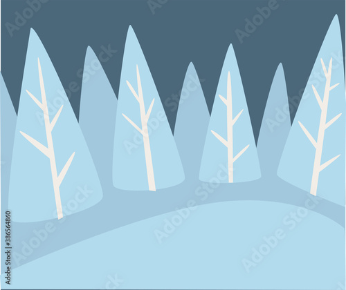 Winter landscape of pine forest with snowy hills