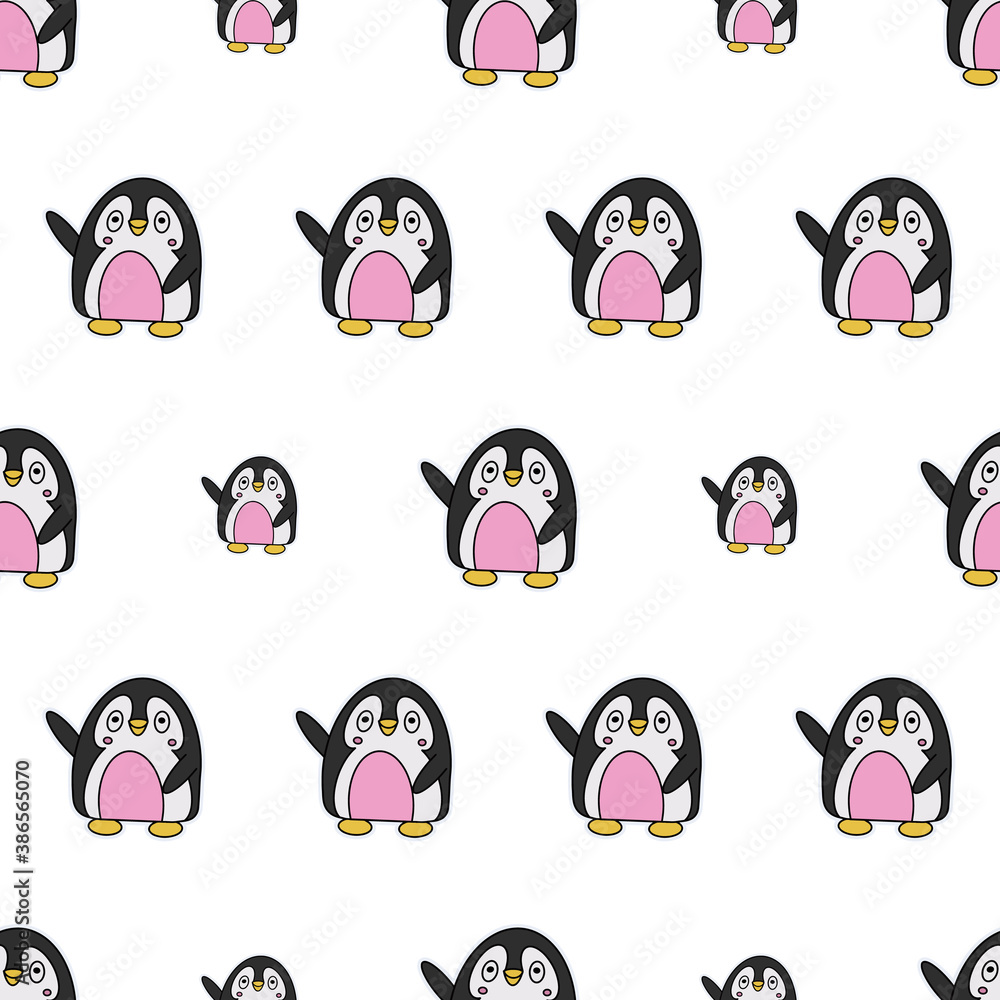 Obraz premium Seamless background with funny penguin. Cute penguin waving his paw. Suitable for backgrounds, postcards, and wrapping paper. Vector.