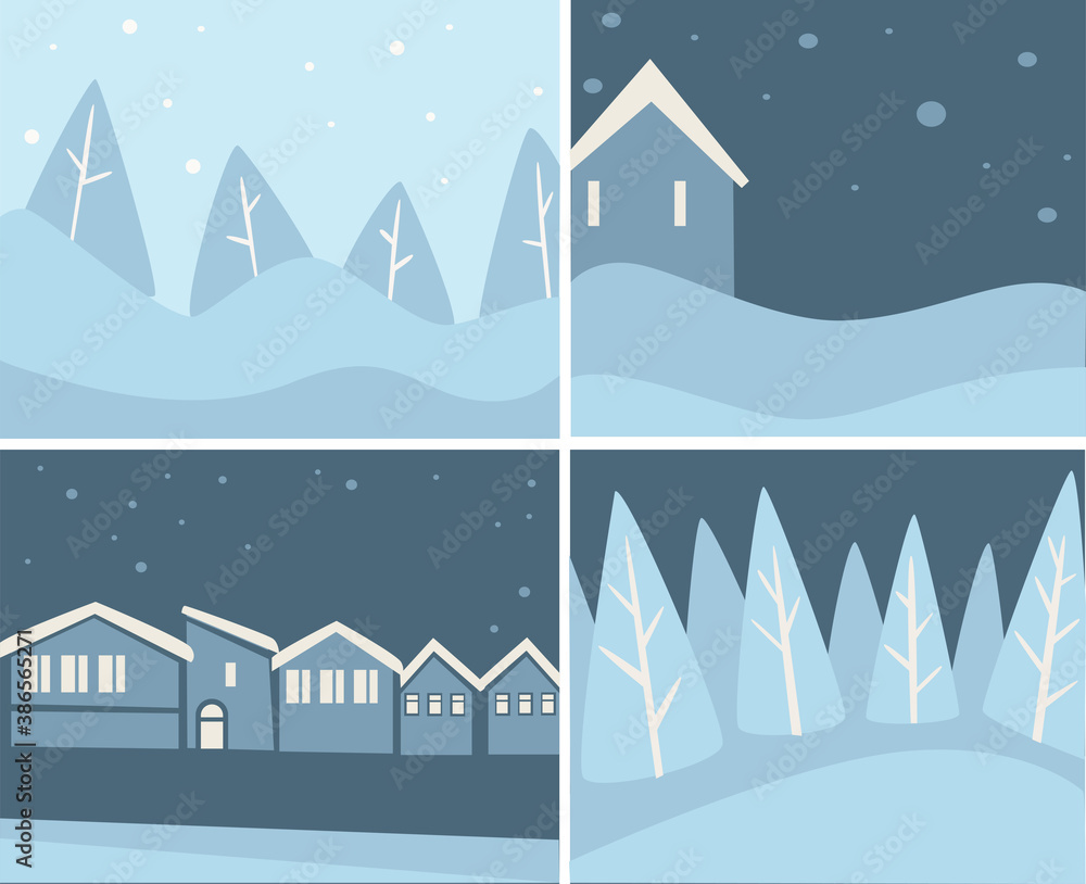Wintertime scenery set, landscapes and cityscapes with snowflakes vector