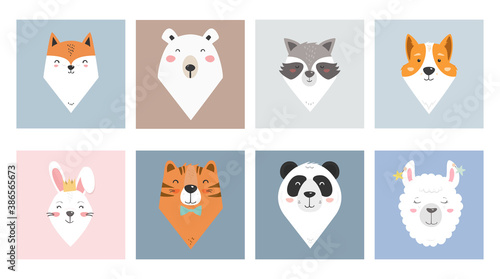 Cute cartoon animal portraits for baby clothes or cards - fox, bear, racoon, corgi dog, girl bunny, tiger, panda bear, llama or alpaca. Simple vector illustration of animals characters.