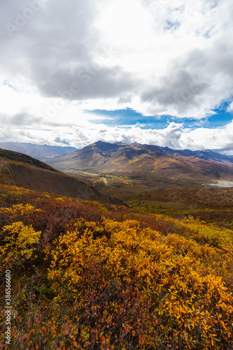 Scenic View of Road, Landscape and Mountains on a Colorful Fall Day in Canadian Nature. Taken in Tombstone Territorial Park, Yukon, Canada.