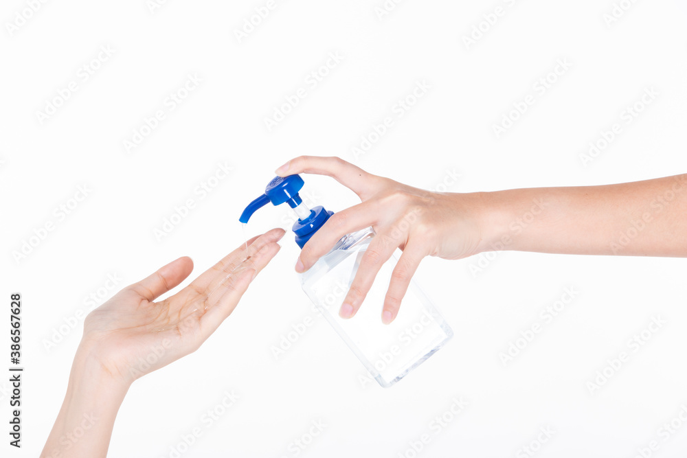 woman hand held Sanitizer dispenser Alcohol 70% Gel pump bottle woman hand held Sanitizer dispenser Alcohol 70% Gel pump bottle