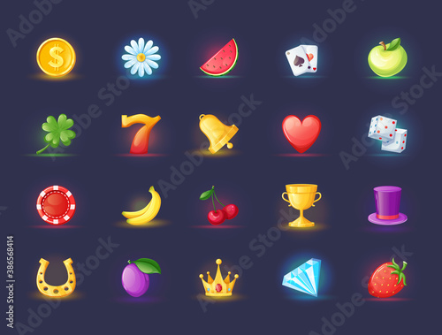 Realistic icons for casino slot machine. Game interface for gambling games lotteries casino machines. Bonus logos for gambling cartoon vector.