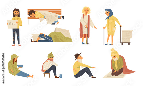 Homeless people concept. Unemployed homeless people without housing on the street. Elderly needing help. Adult person begging money alms, rummage in garbage can, sleeping on bench cartoon