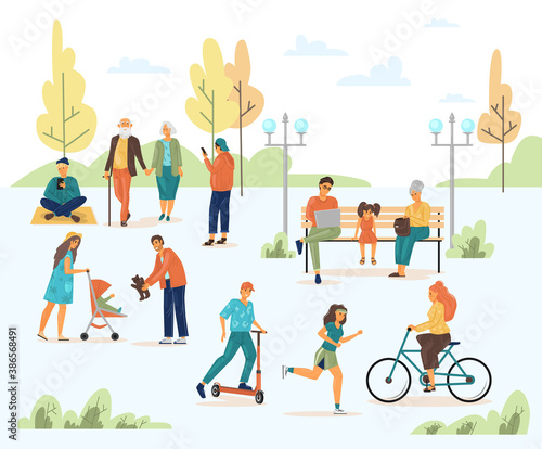 People walking in city park on summer street. Family, couple, elderly people taking picture in nature, walking with children, riding bicycle, scooter, relaxing in city park jogging along street