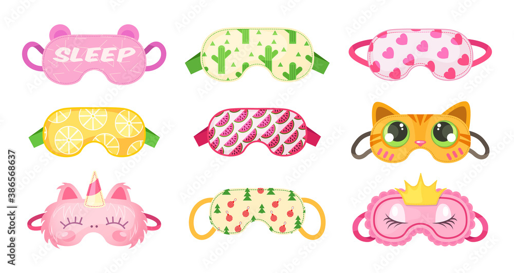 Eye mask sleeping night. Sleep masks different shapes, eye protection accessories, prevention of healthy sleep. Masks in form of cat, unicorn, raccoon, fox, bunny, for New Year