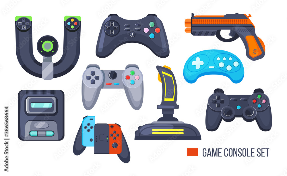 Set game console. Gamepad, playing joystick, video console, joy video games  gadgets, wireless gamepad steering wheel. Retro modern devices for gamers  gaming consoles vector Stock Vector | Adobe Stock