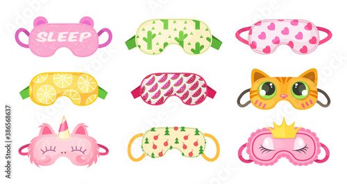 Eye mask sleeping night. Sleep masks different shapes, eye protection accessories, prevention of healthy sleep. Masks in form of cat, unicorn, raccoon, fox, bunny, for New Year