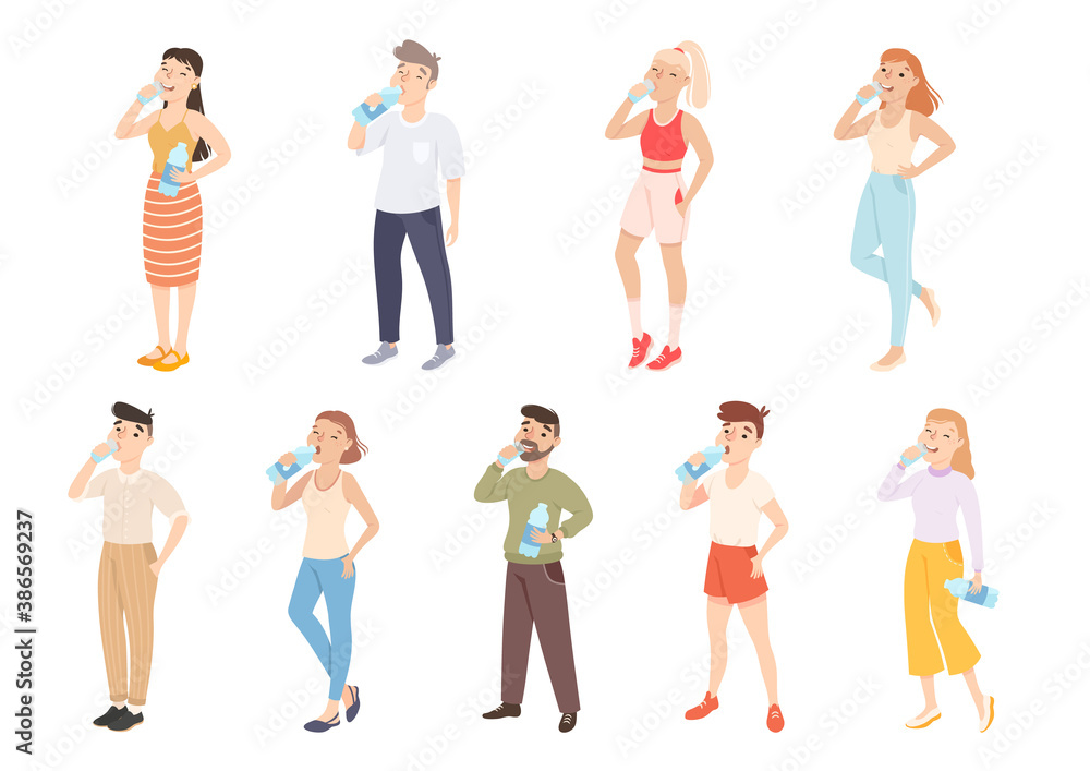 People Drinking Clean Water from Plastic Bottles Set, Male and Female Persons Quenching Thirst, Healthy Lifestyle Concept Cartoon Style Vector Illustration
