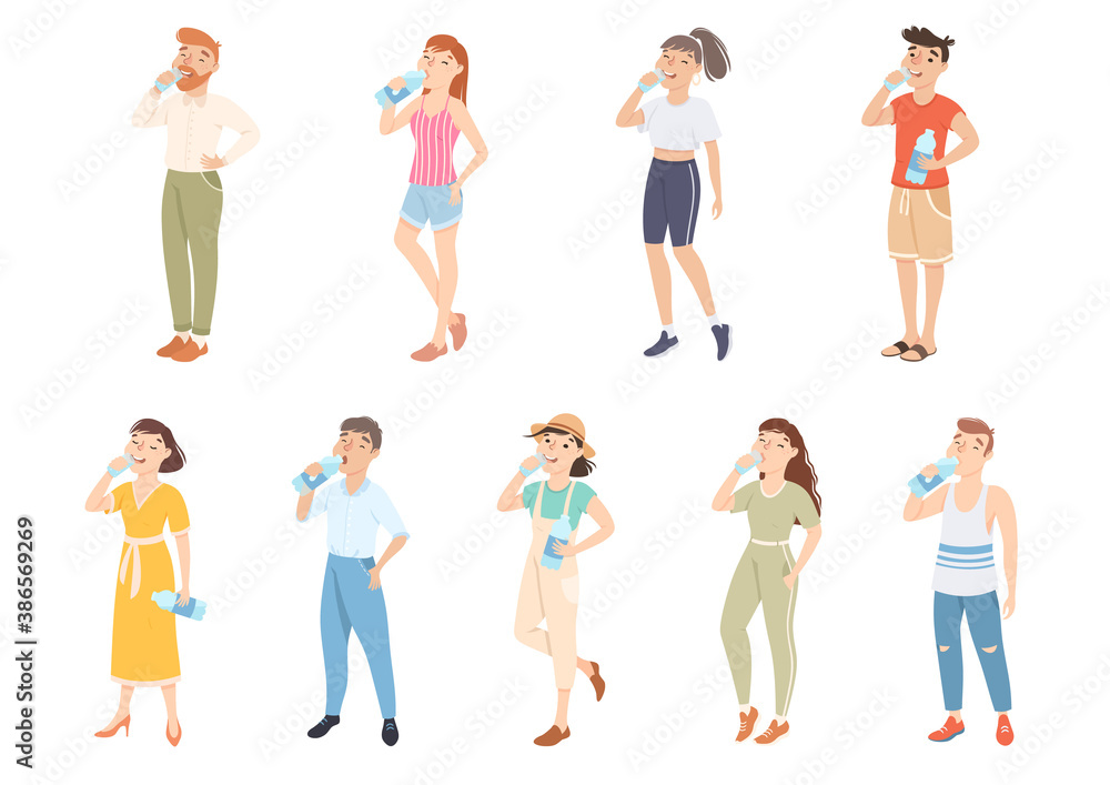 People Drinking Clean Water Set, Men and Women Quenching Thirst at Hot Summer Weather, Healthy Lifestyle Concept Cartoon Style Vector Illustration