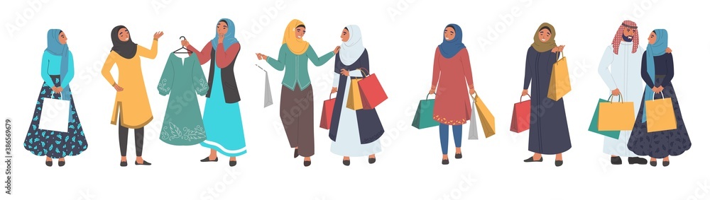 Muslim people shopping, male and female cartoon character set, flat vector isolated illustration. Happy arab girls wearing traditional arabic dress and hijab with shopping bags. Hijab women fashion.