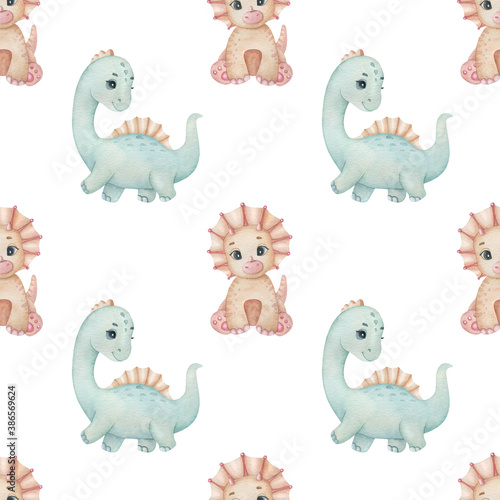Watercolor seamless pattern with cute dinosaur on the light background. Funny kids illustration. Ideal for children s textile  wrapping  and other designs.