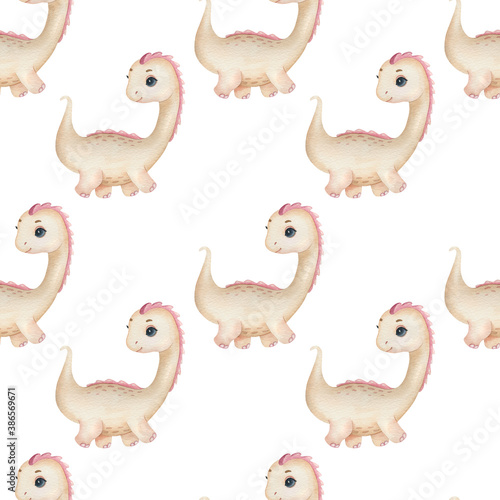 Watercolor seamless pattern with cute dinosaur on the light background. Funny kids illustration. Ideal for children s textile  wrapping  and other designs.