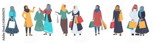 Muslim people shopping, male and female cartoon character set, flat vector isolated illustration. Happy arab girls wearing traditional arabic dress and hijab with shopping bags. Hijab women fashion. photo