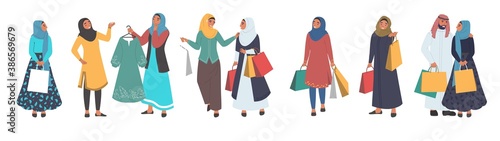 Muslim people shopping, male and female cartoon character set, flat vector isolated illustration. Happy arab girls wearing traditional arabic dress and hijab with shopping bags. Hijab women fashion.