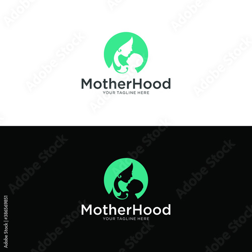 mother and baby stylized vector symbol, mom hugs her child logo template