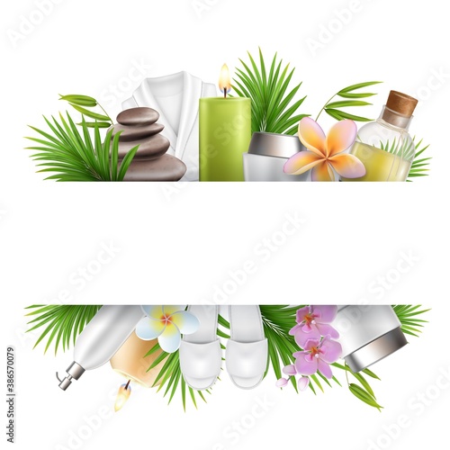 Beauty salon and spa poster, frame template with accessories for skin care procedures. Vector illustration. Spa stones, massage oil, cosmetics, bathrobe and slippers, aroma candles and copy space.