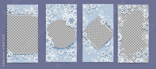 Winter social media story, Merry Christmas post, banner template set. Vector illustration in paper art style. Winter backgrounds, frames, mobile story wallpapers with paper cut snowflakes.