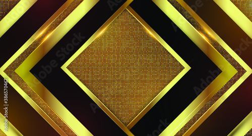 Abstract Overlapping Geometric Background with Gold Glitter Effect. Abstract luxury dark brown background with gold lines and glowing gold light. Overlap modern background. Vector illusratration photo