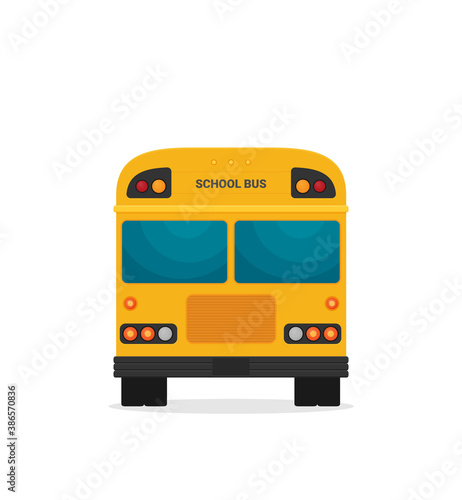 Yellow school bus back view flat illustration on background
