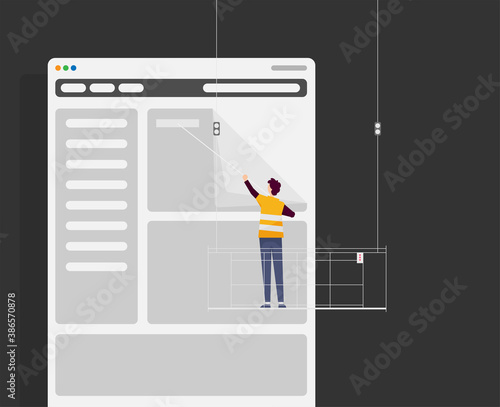 Man updates content on the site. Construction cradle flat vector