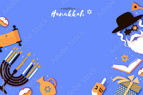 Happy Hanukkah. The Jewish Festival of Lights. Jew man character in david stars glasses. Festive menorah, dreidel. sweet traditional bake and golden lights. Space for text. Paper cut style.