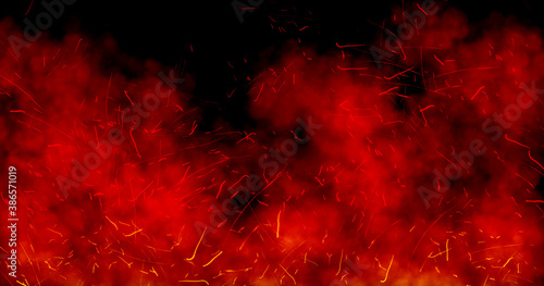 Abstract image of Fire sparkles or particles with red smoke in black background.