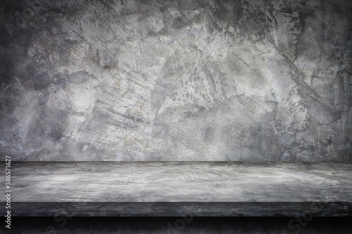 Side view of Gray plaster concrete shelf table top grunge texture background with concrete wall for product showing.