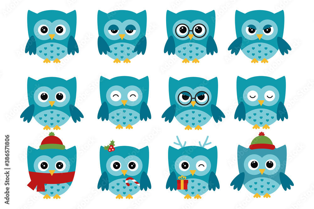 Owls icons, bright owls with different emotions Owls icons, bright owls with different emotions