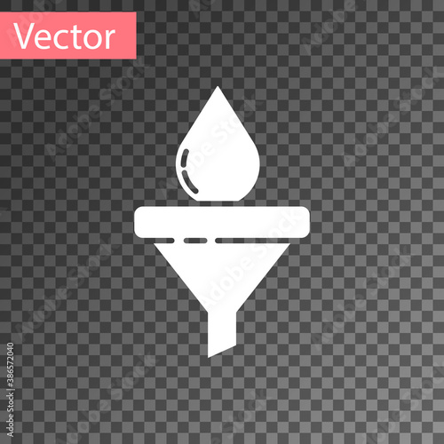 White Funnel or filter and motor oil drop icon isolated on transparent background. Vector.