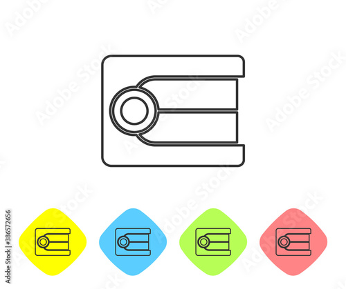 Grey line Dentures model icon isolated on white background. Dental concept. Set icons in color rhombus buttons. Vector.