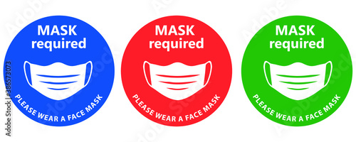 Social distancing concept for preventing coronavirus covid-19 with wording Mask required and please wear a face mask in white color. warning or caution sign. 