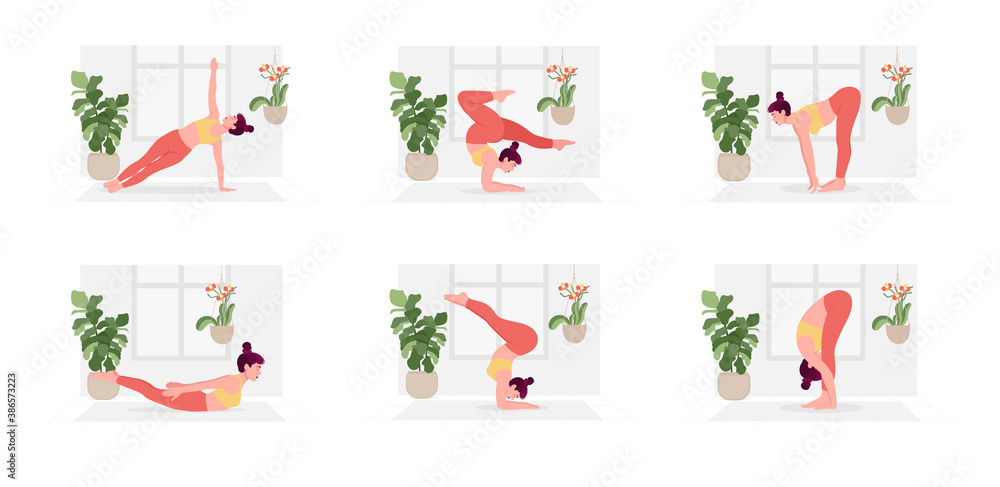 Indoor Yoga Set. Young woman practicing Yoga pose. Woman workout fitness, aerobic and exercises. Vector Illustration.