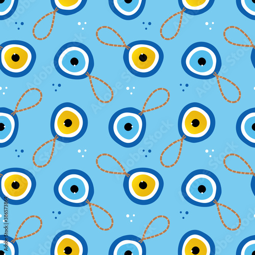 Nazar amulets, blue evil eye protection talismans and dots seamless pattern background.