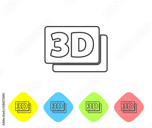 Grey line 3D word icon isolated on white background. Set icons in color rhombus buttons. Vector.